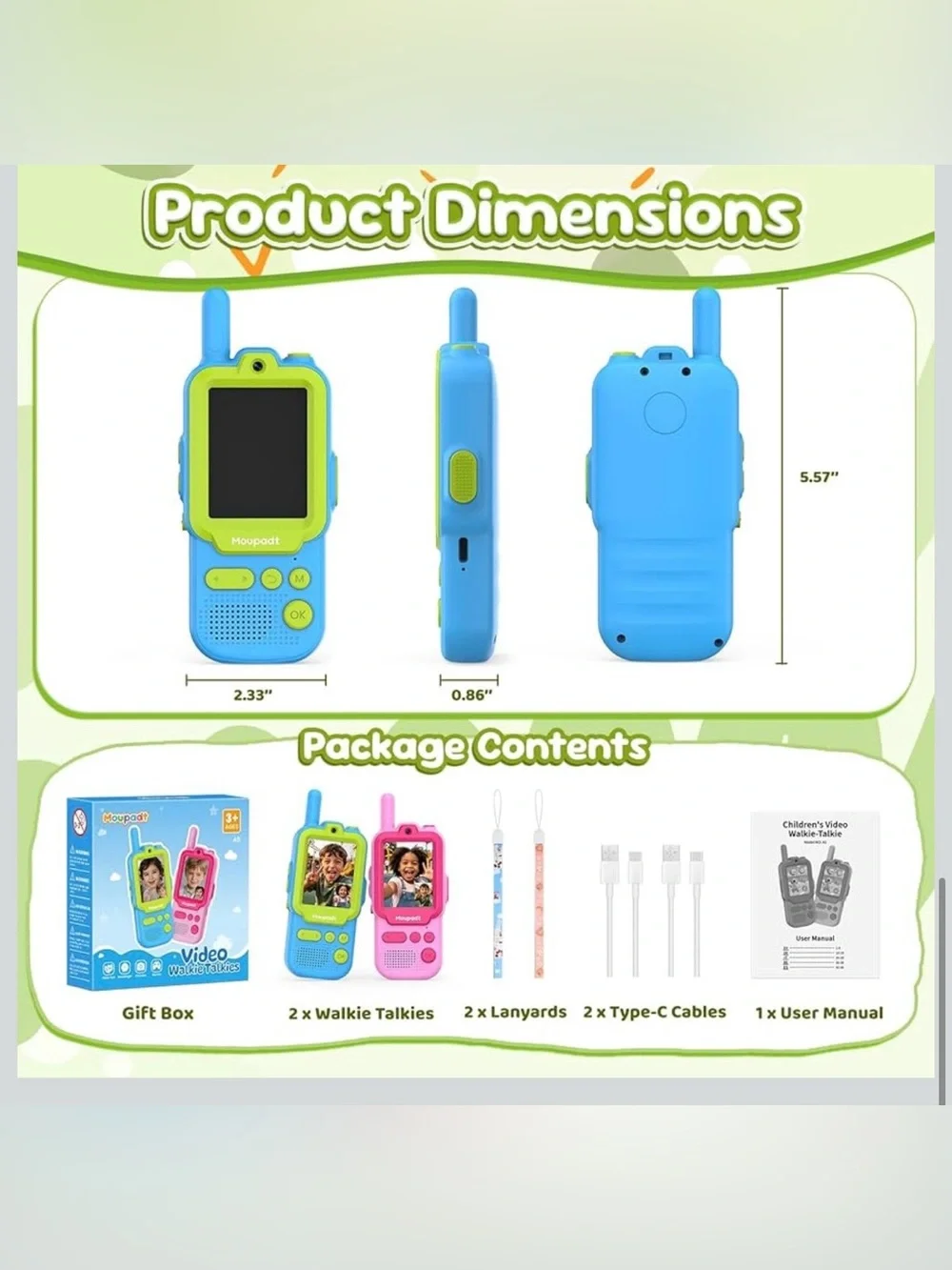 Kids Walkie Talkie 2.4” screen with 5 voice changers two way radio
